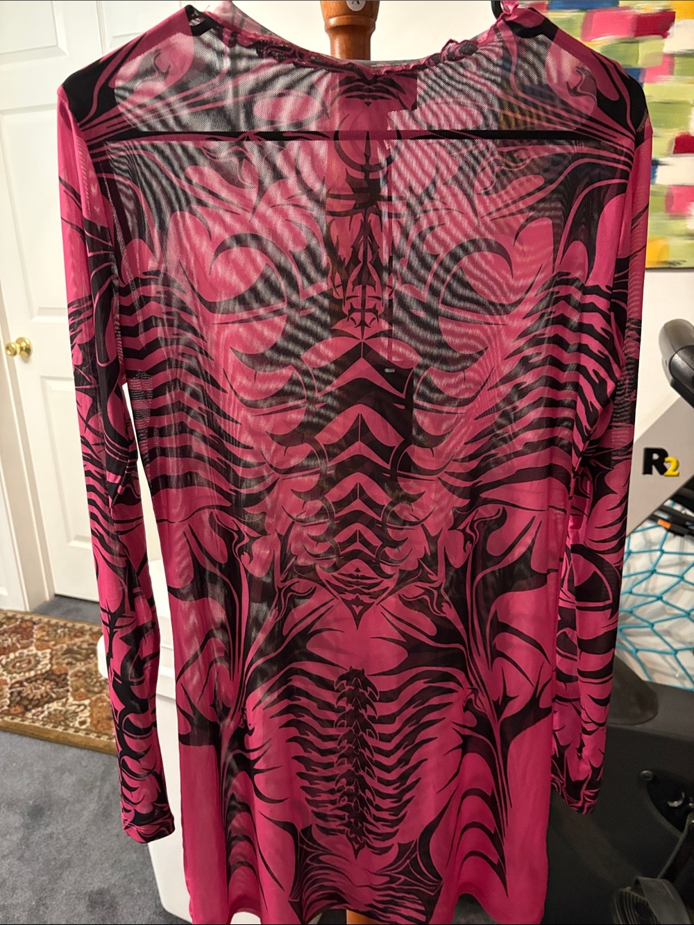 Dolls Kill Hot Pink and Black Sheer Mesh Long Sleeve Dress